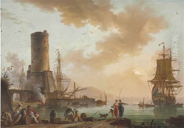 A Mediterranean Port With A Fortified Tower And An Anchored Ship, Ladies And Merchants In The Foreground Oil Painting by Charles Francois Lacroix