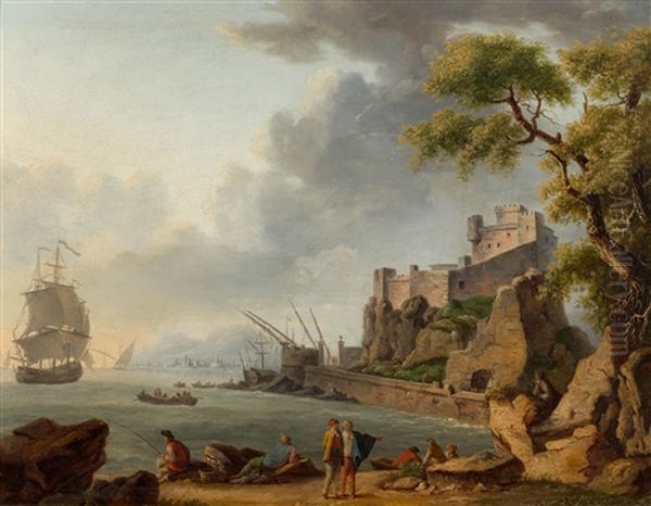 Pair Of Works: Coastal Landscapes With Mountain And Figures Oil Painting by Charles Francois Lacroix