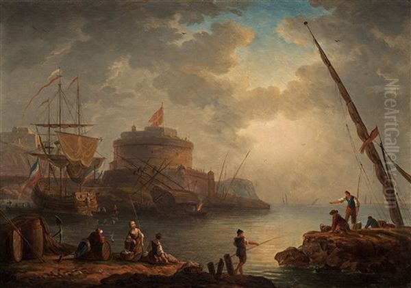 Fiske Och Segelbatar Vid Kusten Oil Painting by Charles Francois Lacroix