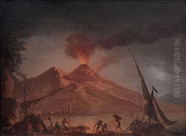 Eruption Du Vesuve De Nuit Sur Un Rivage by Charles Francois Lacroix