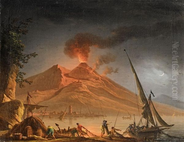 The Eruption Of Mount Vesuvius In The Night Oil Painting by Charles Francois Lacroix