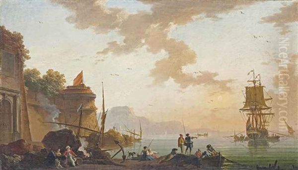 Un Port Mediterraneen Au Soleil Couchant Oil Painting by Charles Francois Lacroix