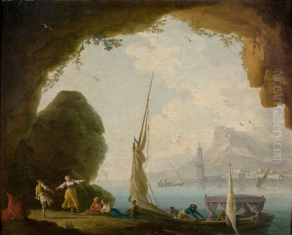 Vue D'un Port Depuis Une Grotte Animee De Personnages Oil Painting by Charles Francois Lacroix