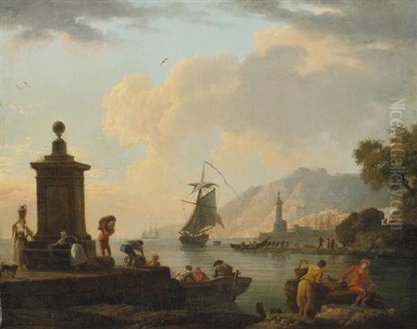 Le Chargement Sur Un Port Mediterraneen Oil Painting by Charles Francois Lacroix