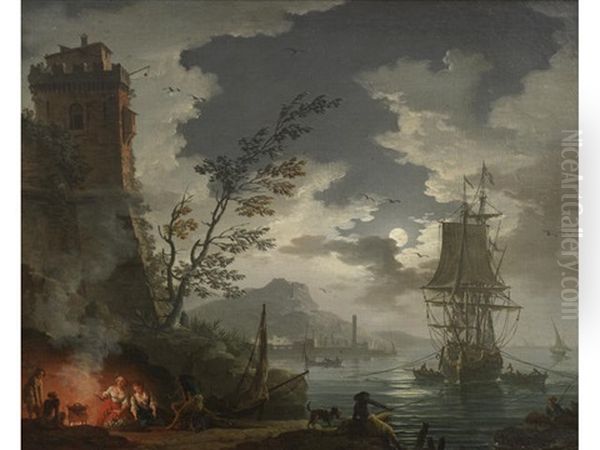 A Moonlit Mediterranean Sea Port With Figures Surrounding A Fire Oil Painting by Charles Francois Lacroix