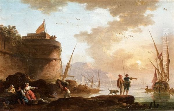 Littoral Mediterraneen Anime De Personnages Oil Painting by Charles Francois Lacroix