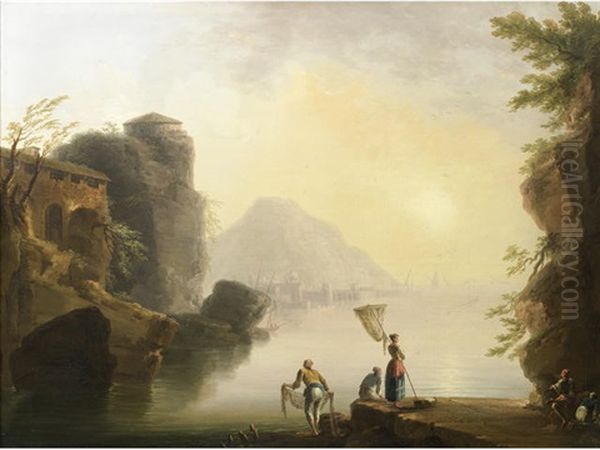 Figures Fishing In A Mediterranean Harbour At Sunset Oil Painting by Charles Francois Lacroix