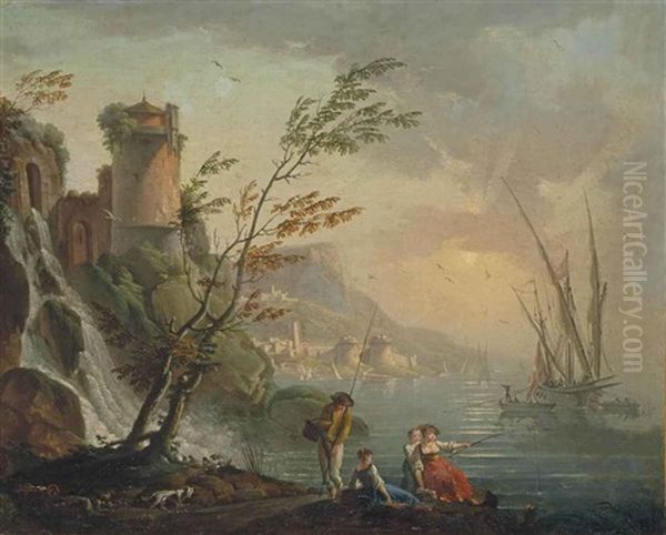 Marine Avec Figures Oil Painting by Charles Francois Lacroix