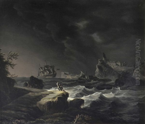 Marine, Scene De Tempete Pres Des Cotes Oil Painting by Charles Francois Lacroix