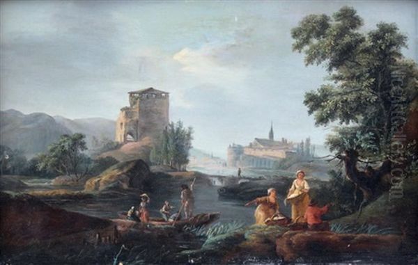 Paysage A La Riviere Avec Pecheurs Et Villageois by Charles Francois Lacroix