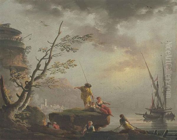 A Harbor View At Dawn With Fisherfolk Oil Painting by Charles Francois Lacroix