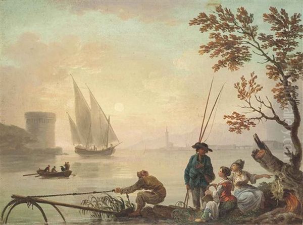 A Mediterranean Coastal Landscape At Sunset, With Fishermen And Women Conversing In The Foreground Oil Painting by Charles Francois Lacroix