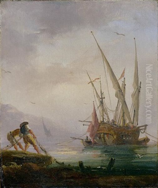 Pecheurs Remontant Les Filets Devant Un Galion Oil Painting by Charles Francois Lacroix