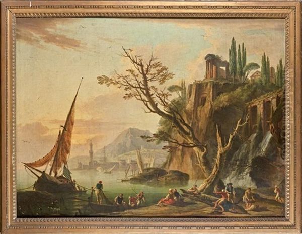 Pecheurs Amarrant Un Bateau Dans Un Port Avec Le Temple De La Sibylle A Tivoli Oil Painting by Charles Francois Lacroix