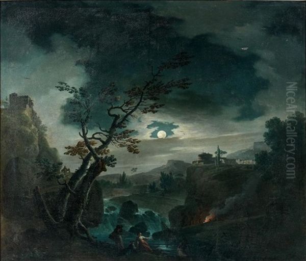 Littoral Mediterraneen Au Clair De Lune Oil Painting by Charles Francois Lacroix