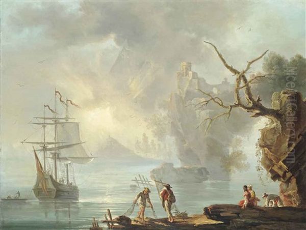 A Mediterranean Harbour Scene With Fishermen Pulling In Their Nets, Peasants Seated On A Shore, An Anchored Ship Beyond Oil Painting by Charles Francois Lacroix