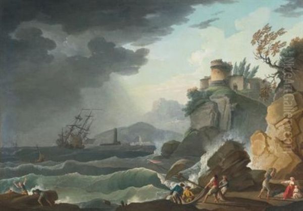 A Storm At Sea With Figures Being Rescued Along A Rocky Shore by Charles Francois Lacroix