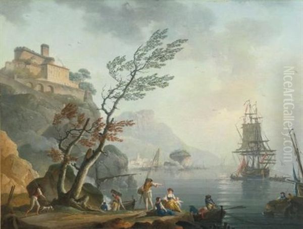 Fishermen Along A Rocky Shore With A Castle Above On A Promontory And Shipping In A Calm Sea Beyond Oil Painting by Charles Francois Lacroix