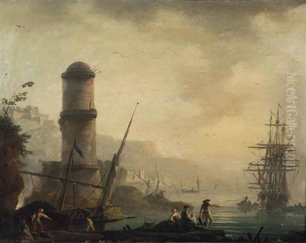 Fisherfolk In A Harbor With A Lighthouse At Dawn Oil Painting by Charles Francois Lacroix