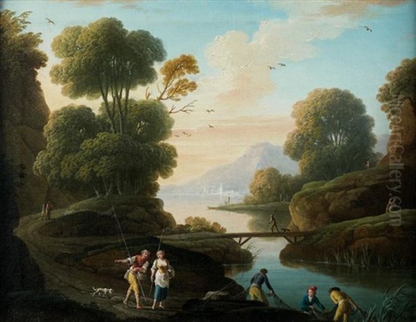 Pecheurs Dans Un Paysage Lacustre Et Montagneux Oil Painting by Charles Francois Lacroix