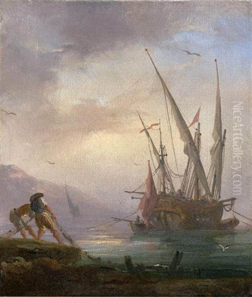 Pecheurs Remontant Les Filets Devant Un Galion Oil Painting by Charles Francois Lacroix