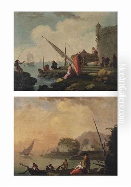 A Mediterranean Harbour With An Elegant Company And Fishermen And An Italianate Coastal Landscape With Fishermen On The Shore (pair) Oil Painting by Charles Francois Lacroix