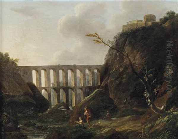 An Italianate Landscape With An Aqueduct And Figures By A Stream Oil Painting by Charles Francois Lacroix