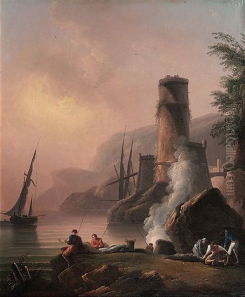 Pecheurs Pres D'une Tour Oil Painting by Charles Francois Lacroix