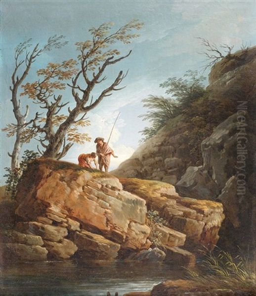 Pecheur Sur Un Rocher (+ Promeneurs Dans Un Paysage Avec Une Cascade; Pair) Oil Painting by Charles Francois Lacroix