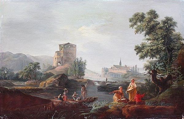 Paysage A La Riviere Avec Pecheurs Et Villageois Oil Painting by Charles Francois Lacroix