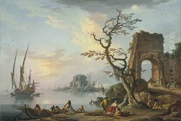 A Coastal Landscape With Fishermen Unloading Boats, A Capriccio Of The Arch Of Titus by Charles Francois Lacroix