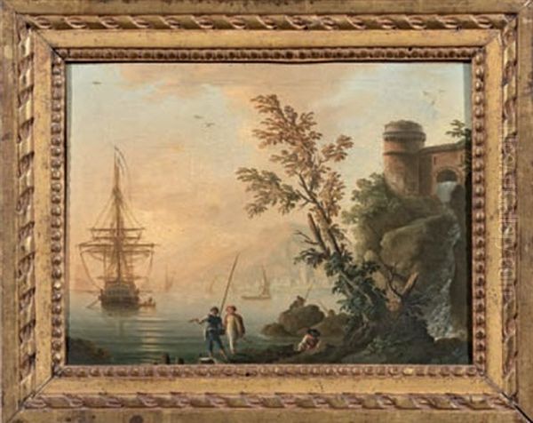 Pecheurs Et Bateaux Dans Un Paysage Imaginaire Oil Painting by Charles Francois Lacroix