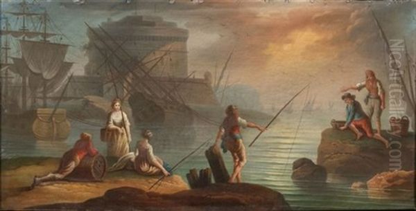 Pecheurs Dans Un Port Mediterraneen Oil Painting by Charles Francois Lacroix