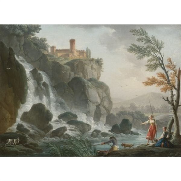 Fishing At The Edge Of A River With A Waterfall, Below A Castle Oil Painting by Charles Francois Lacroix