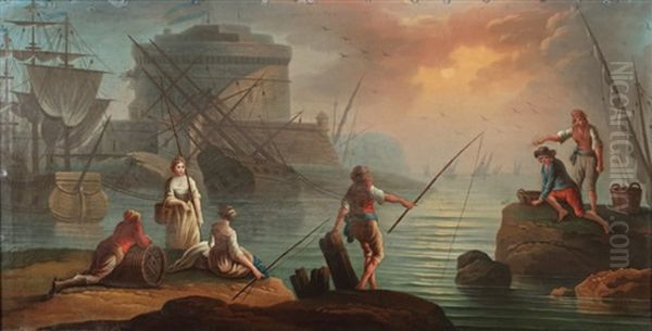 Pecheurs Dans Un Port Mediterraneen Oil Painting by Charles Francois Lacroix