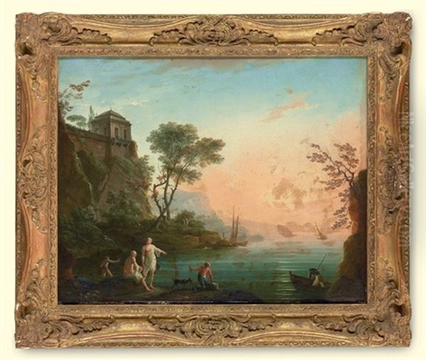 A Coastal Landscape With Figures By The Shore Oil Painting by Charles Francois Lacroix