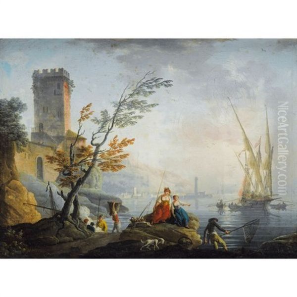 Scene De Port Mediterraneen Anime De Pecheurs Oil Painting by Charles Francois Lacroix