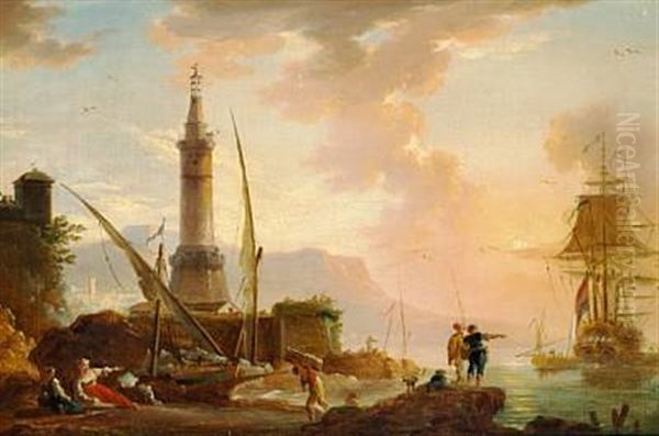 A View Of A Mediterranean Port With Figures Oil Painting by Charles Francois Lacroix