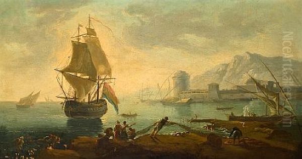 Ships At Sea Oil Painting by Charles Francois Lacroix