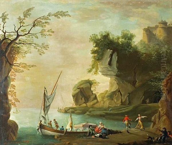 A Coastal Rocky Landscape With Figures Dancing Before A Cave Oil Painting by Charles Francois Lacroix