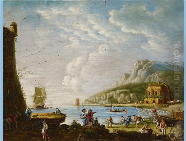 Cove With Figurative Staffage And Boats Oil Painting by Charles Francois Lacroix