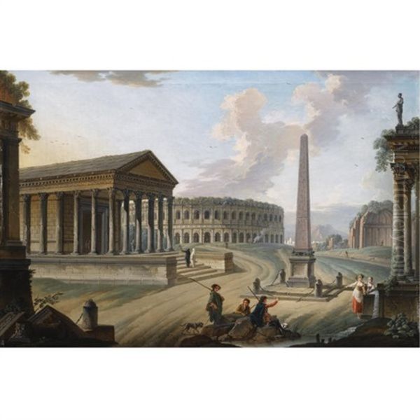 A Capriccio With Roman Monuments In Nimes, Including The Maison Carree (+ A Capriccio With Ancient Roman Monuments, Including The Triumphal Arch Of Orange, The Aqueduct Of Frejus, And The Cenotaph Of Gaius And Lucius Caesar; Pair) Oil Painting by Charles Francois Lacroix