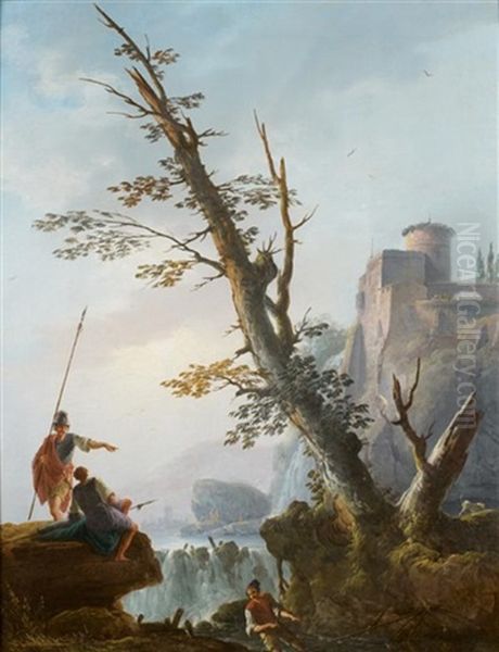 Soldats Et Pecheurs Devant Un Paysage De Cascade Oil Painting by Charles Francois Lacroix