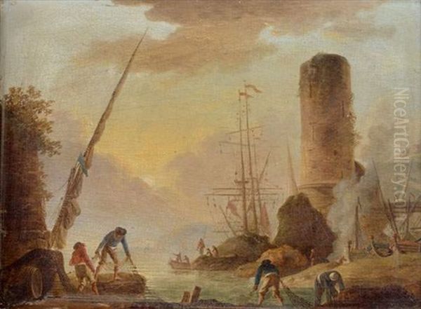 Pecheurs A L'entree Du Port Oil Painting by Charles Francois Lacroix