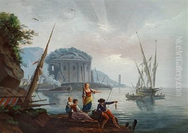 Mediterranean Seaport Scene With Fishermen At Dawn (+ Another, Pair) by Charles Francois Lacroix