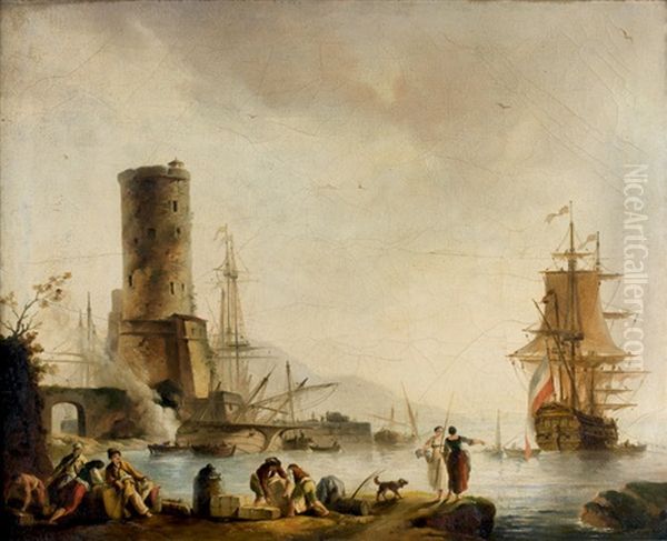 Paysage De Port Avec Des Marchands Turcs Oil Painting by Charles Francois Lacroix