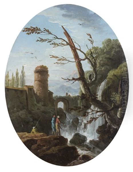 Pecheurs Pres D'une Cascade Oil Painting by Charles Francois Lacroix