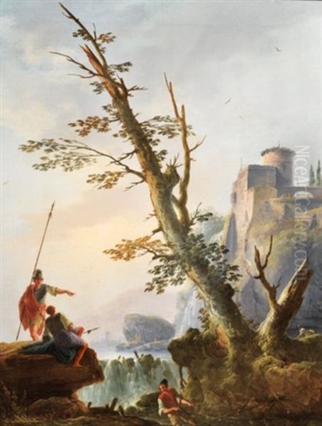 Paysage De Cascades Anime De Pecheurs Oil Painting by Charles Francois Lacroix