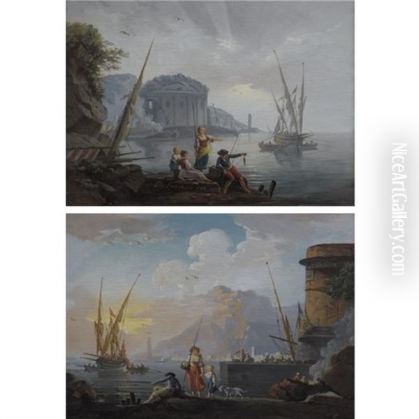 A Mediterranean Sea Port With Fishermen At Dawn (+ A Medirterranean Sea Port With Fishermen At Dusk; Pair) Oil Painting by Charles Francois Lacroix