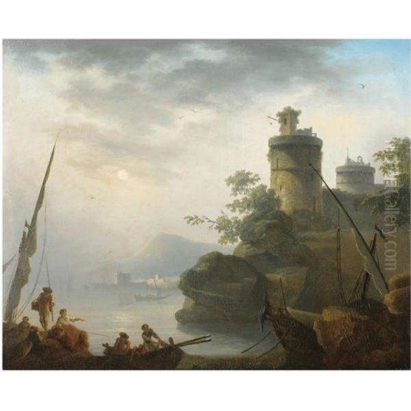 A Mediterranean Harbour Scene With Fishermen Unloading Their Catch Oil Painting by Charles Francois Lacroix